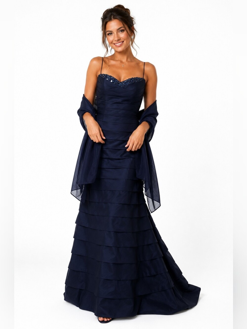 Tony Bowls Evening Beaded Tiered Formal Gown